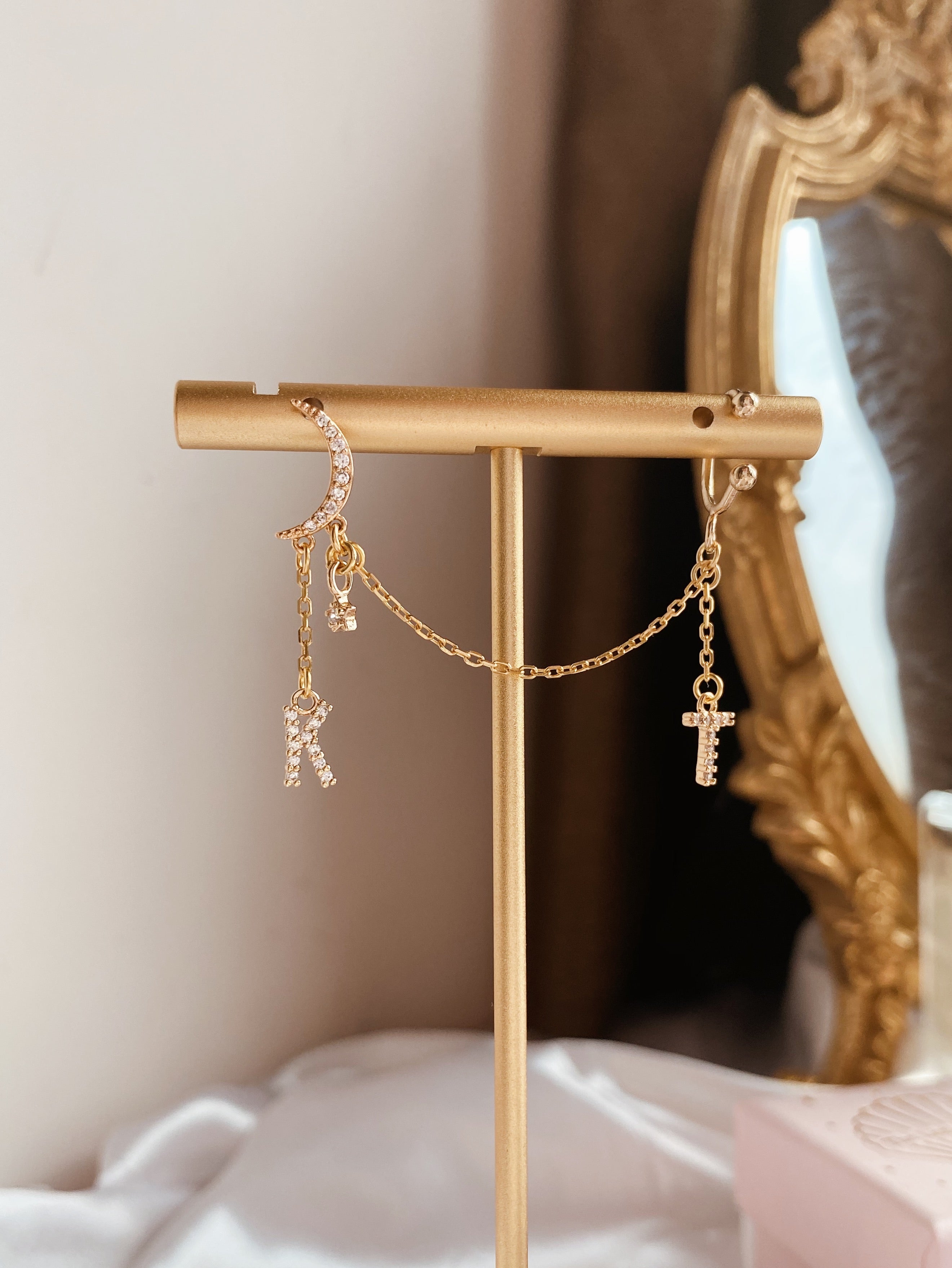 Moon & Star Initial Long Earring